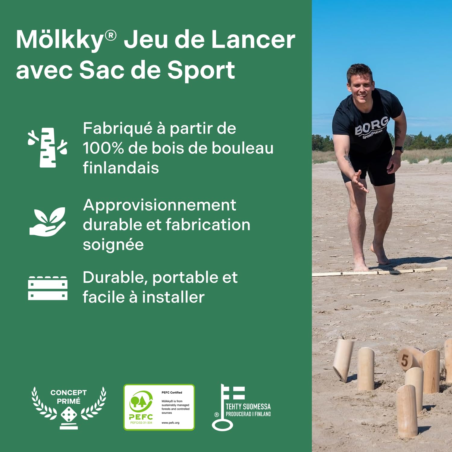 Mölkky Sport Bag - 12 quilles en Bois de Bouleau, 1 bâton, Sac de Transport, carnet de Scores, Mölkkaari - Jeux de Lancer de Tournoi pour l’extérieur - Jeu de mölkky pour la Famille, Les Amis