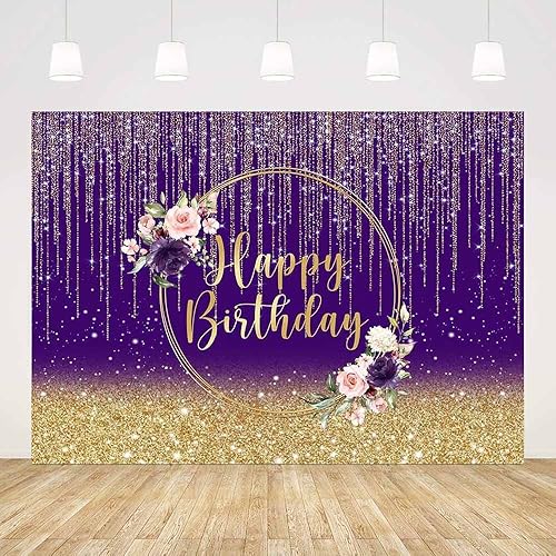 Miniatura 2 de Telón de fondo de cumpleaños dorado morado de 8 x 6 pies para mujer, fondo de fotografía de feliz cumpleaños, purpurina dorada, decoración de fiesta