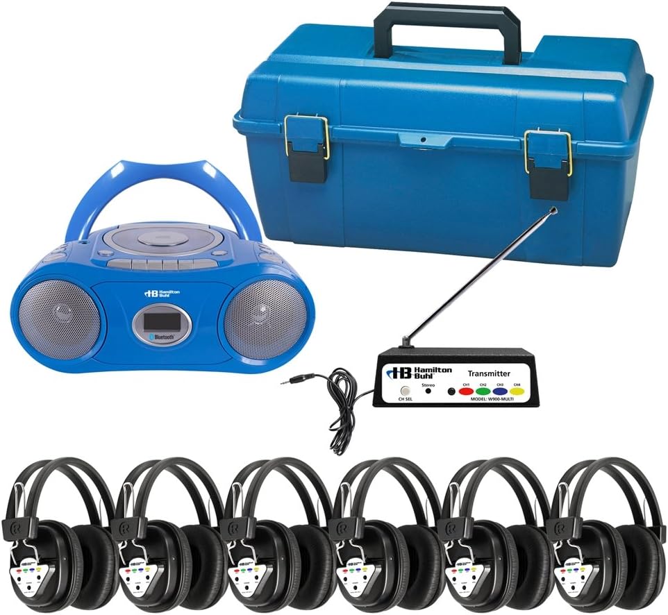 HamiltonBuhl Wireless 6 Person Listening Center with Bluetooth, CD/Cassette/FM Boombox, Blue