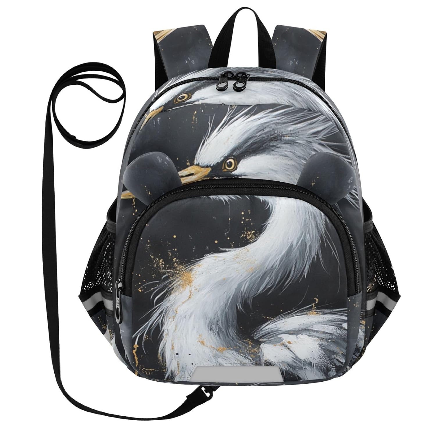Elegant Heron Bird Black Toddler Harness Backpack for Boys Girls 3-6 Years Kids Backpack with Anti Lost Safety Leash Baby Harness Bookbag for Walking Travel Preschool