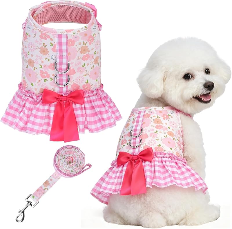 Peitoral Vestido para Cães Pequenos SCENEREAL com Guia e Laço, Tecido Leve, Tamanho XS a M