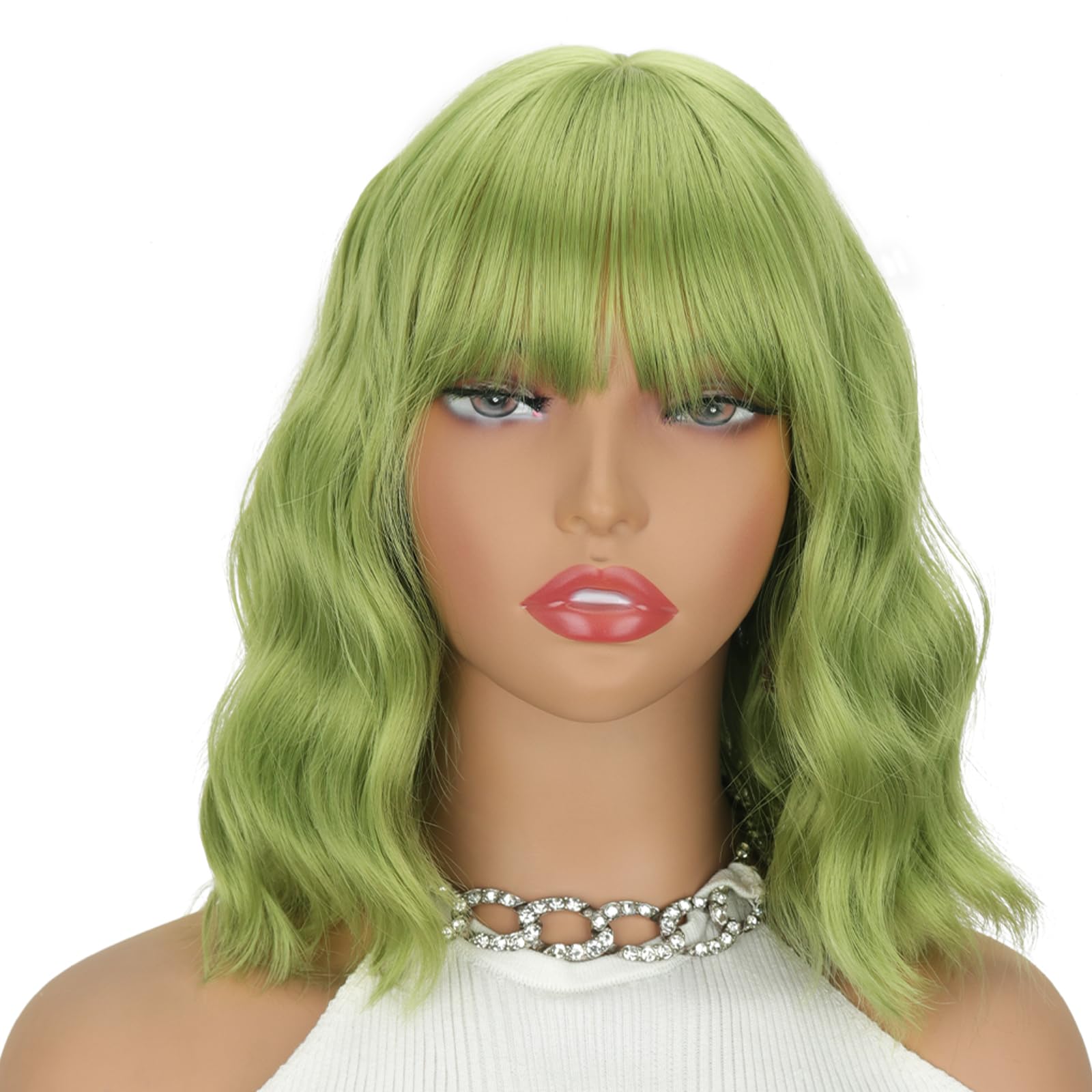 LINGHANG Green Wavy Wig with Bangs Light Green Wigs for Women Shoulder Length Synthetic Party Wigs Cosplay Party or Daily Used Wig