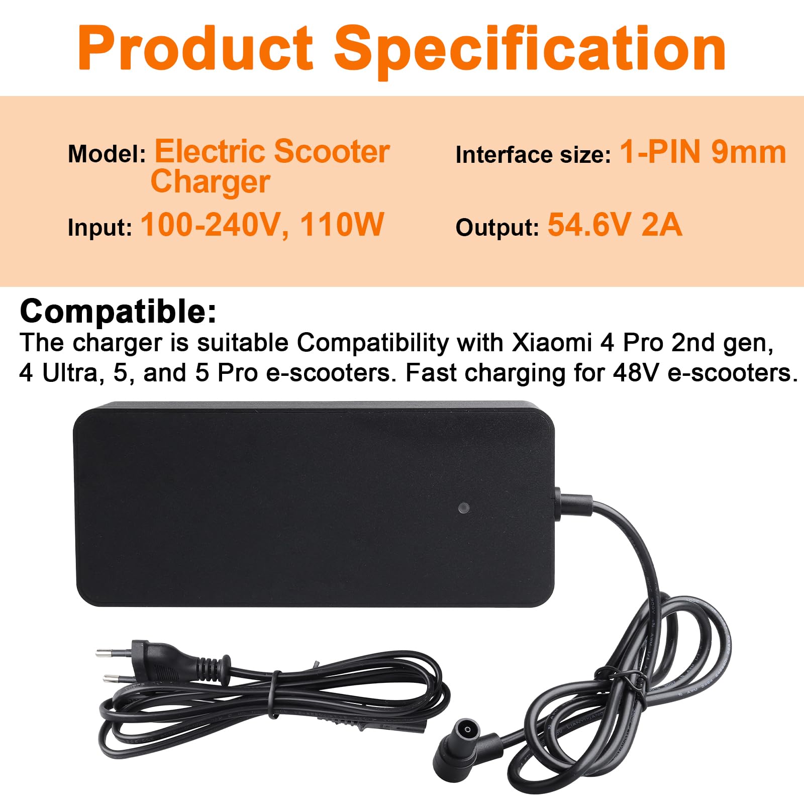Chargeur de Scooter électrique 54.6V 2A pour Chargeur de Lithium 48V, Compatibilité avec Xiaomi 4 Pro 2e Génération, 4 Ultra, 5, 5 Pro, Chargeurs Hoverboard Ebike, Connecteur de Charge Rapide 9 mm