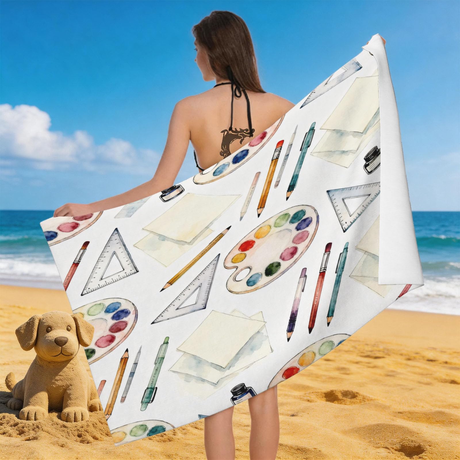 Leichong 3D Stationery Beach Towel Microfiber Soft Quick Dry for Adults, Watercoloring Bath Towel Lightweight Soft Absorbent for Travel Swimming Pool Sports, 75 x 150 cm