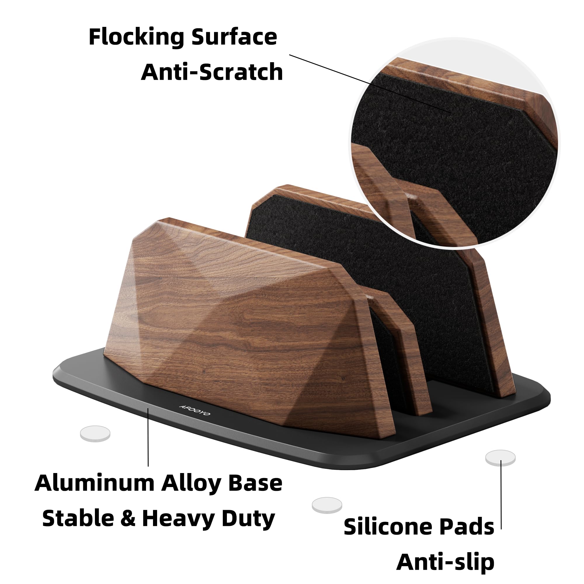 AFOOYO Vertikaler Laptop-Ständer – zwei Schlitze, Walnussholz, verstellbarer Laptop-Halter, Desktop-Dock, kompatibel mit allen MacBook, Surface, Chromebook, Dell und mehr (Walnuss)