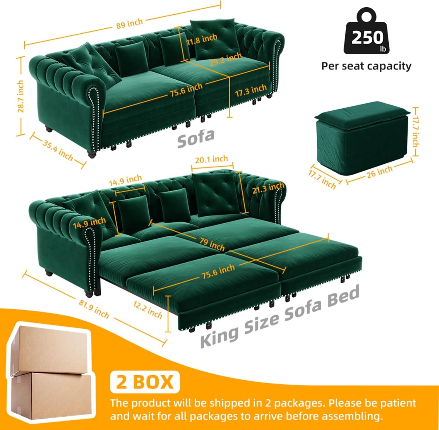 King Size Velvet Chesterfield Sofa Bed 3-in-1 Sleeper with Ottoman Green