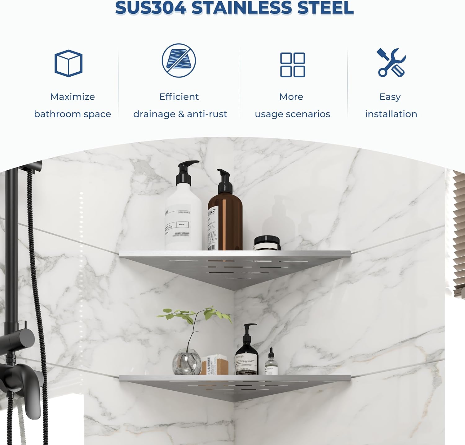 FerdY 2-Pack 10" Brushed Nickel Recessed Corner Shower Shelf, for Tiled Bathroom Walls, 304 Stainless Steel Floating Shelf, Shower Caddy Storage Shelves, No Drilling Required, Striped Triangle