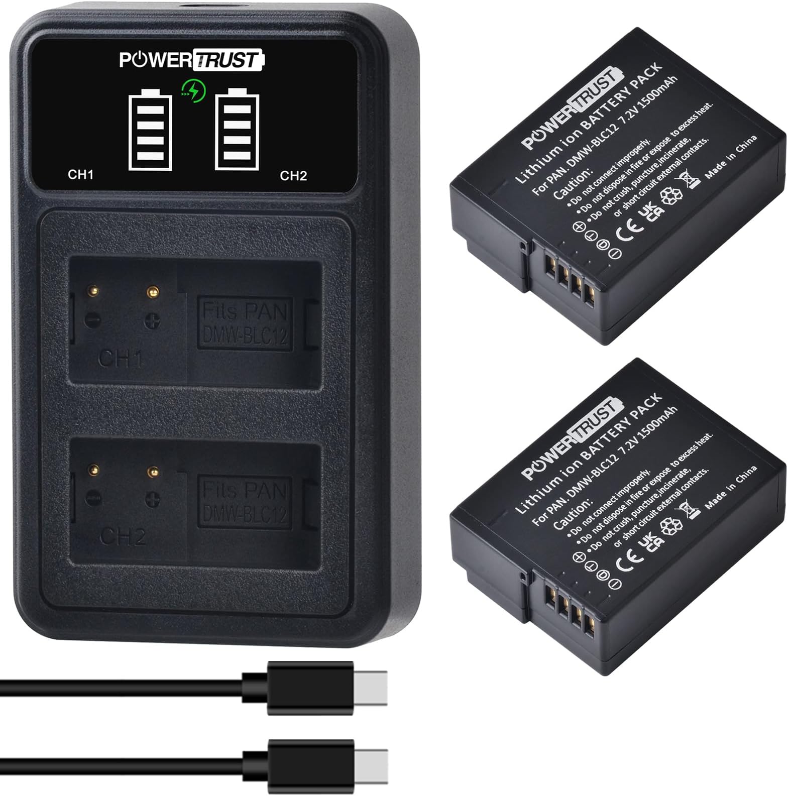 2Pcs DMW-BLC12 DMW BLC12E Battery with Type-c Charger for Panasonic Lumix FZ2000, DMC-FZ1000, DMC-FZ200, FZ300, FZ2500, G5, G6, G7, GX8, G85, DMC-GH2 Camera