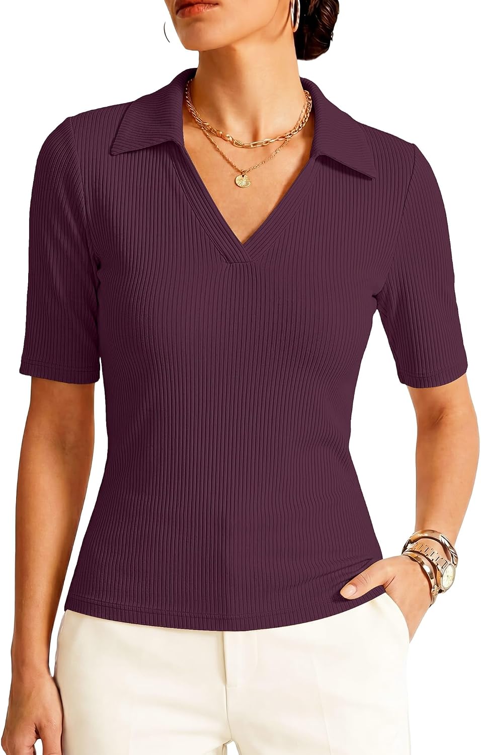Prettywear Women's Half Sleeve Polo Shirts V Neck Business Casual Work Tops