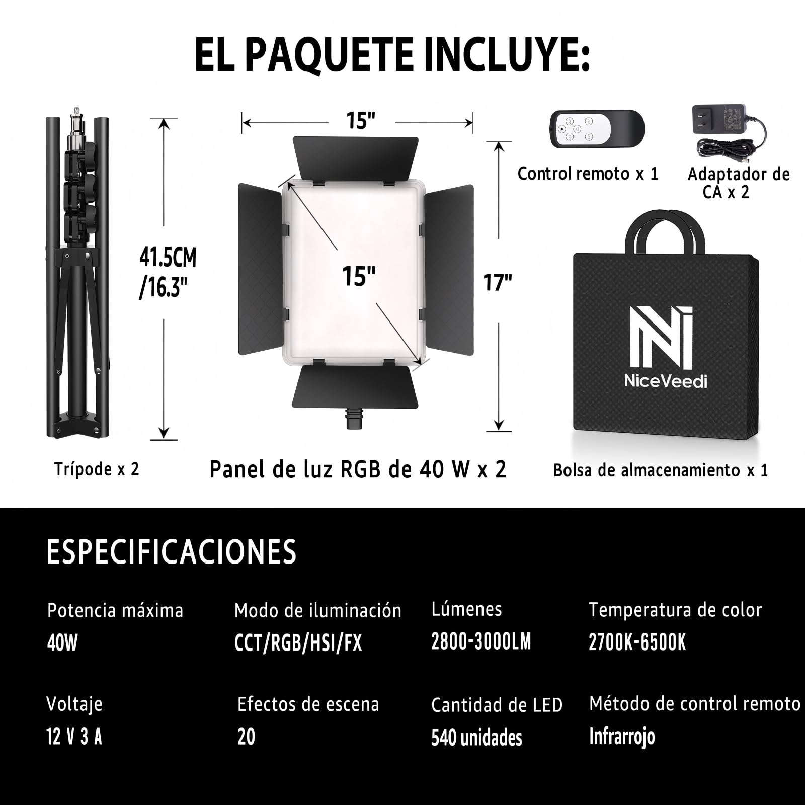 Niceveedi Luce Fotografica RGB da 15", 2x40W luci Video LED con Supporto, Pannello Luminoso da Studio Colorato 2700K-6500K con Modalità RGB/CCT/HSI/Scene per Youtube/TikTok/Streaming Live/Giochi