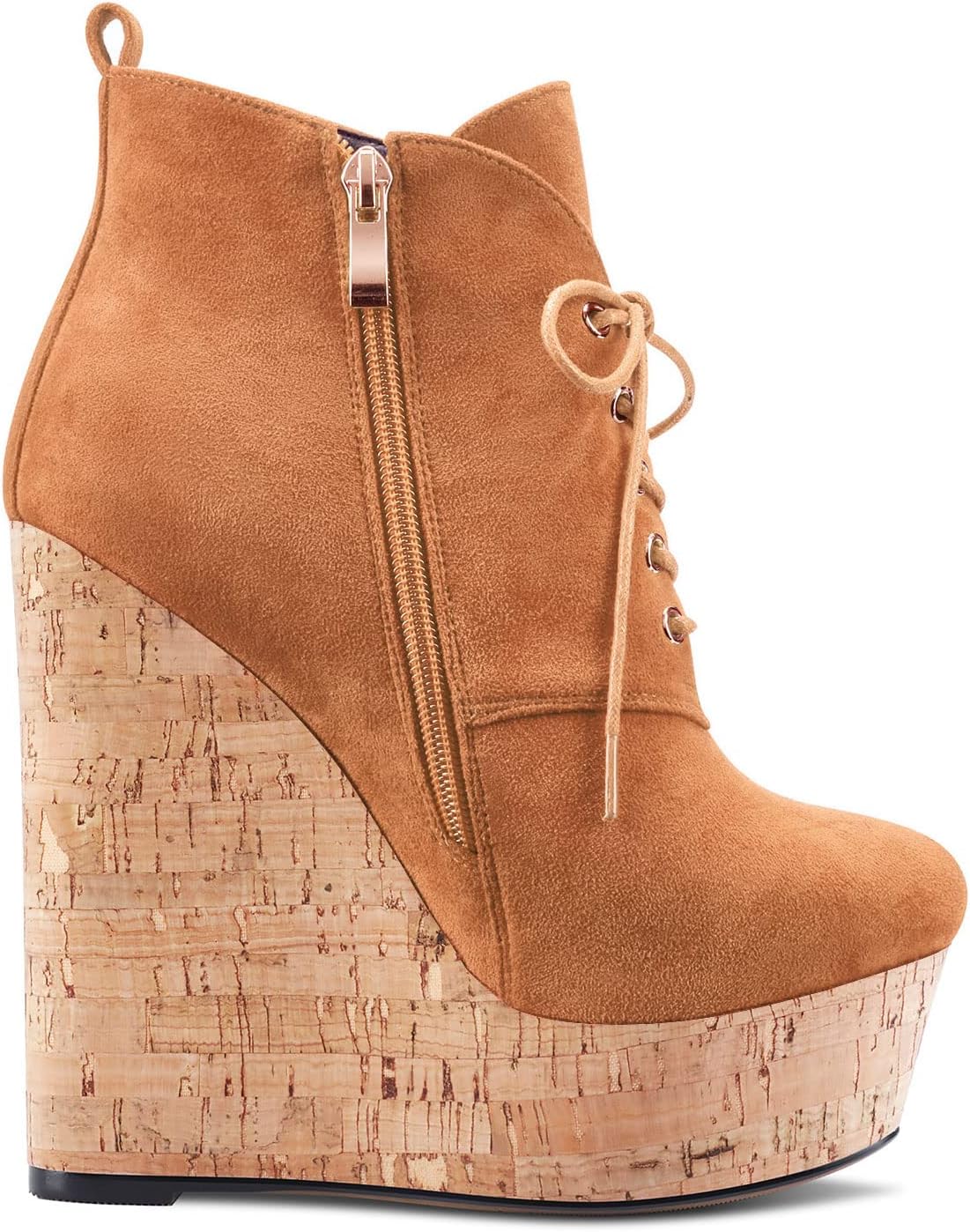 Aachcol Women Wedge Ankle Boots Short Bootie Close Round Toe Chunky Block High Heel Dress Shoes Suede Lace-up 6 Inch