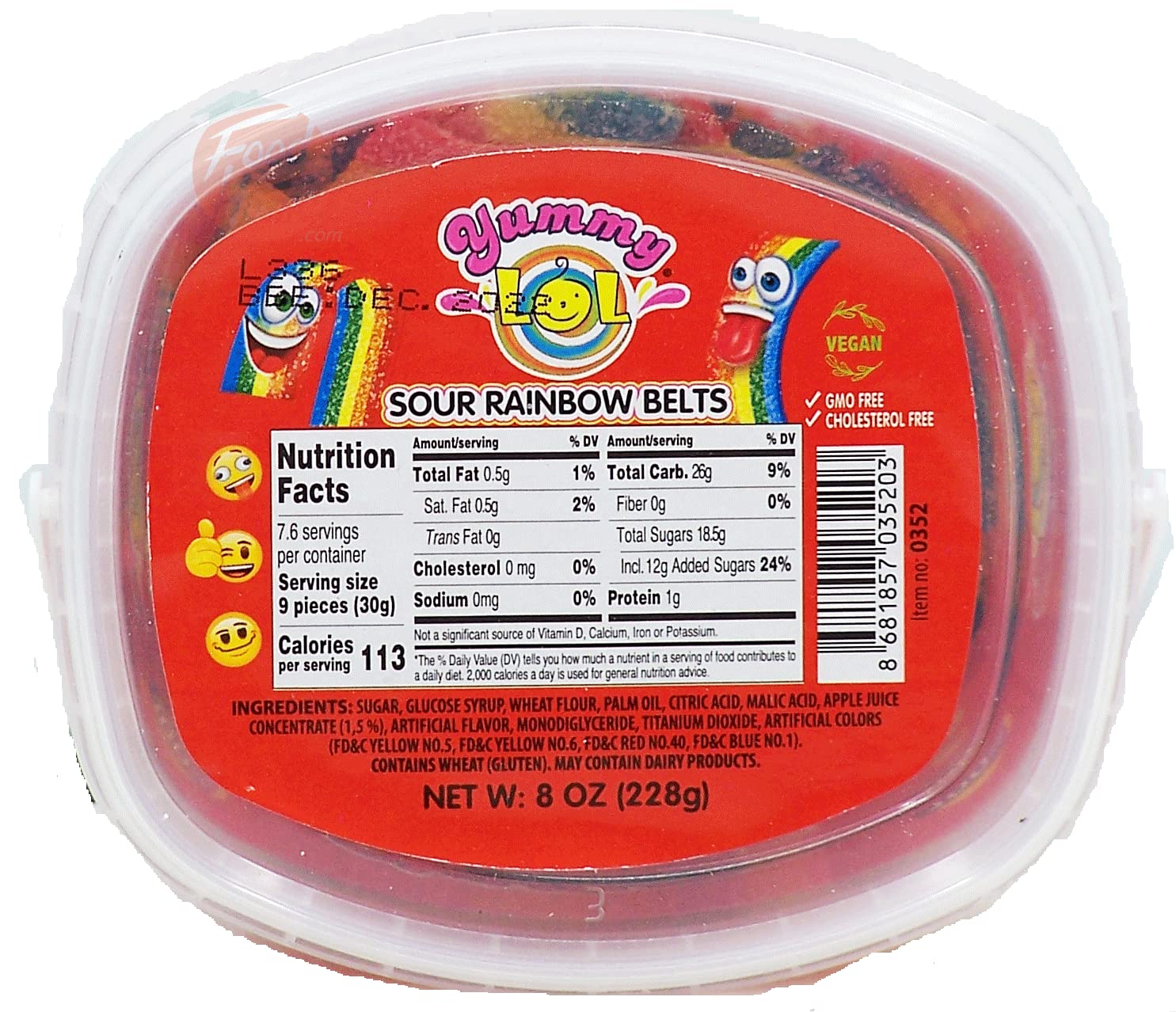 Yummy Lol sour rainbow belts gummy candy 8ounce plastic
