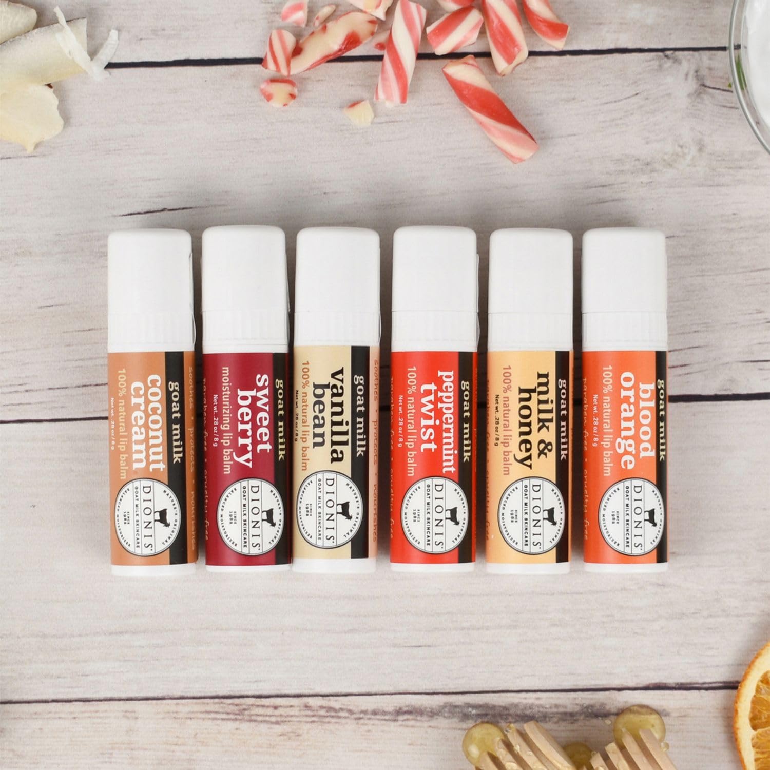 Dionis Goat Milk Lip Balm Deluxe Gift Box Set of 6 Vanilla, Coconut, Milk & Honey, Berry, Peppermint & Blood Orange Scented Chapstick - Shea Butter & Coconut Oil Gifts For Her, Protect & Restore Lips