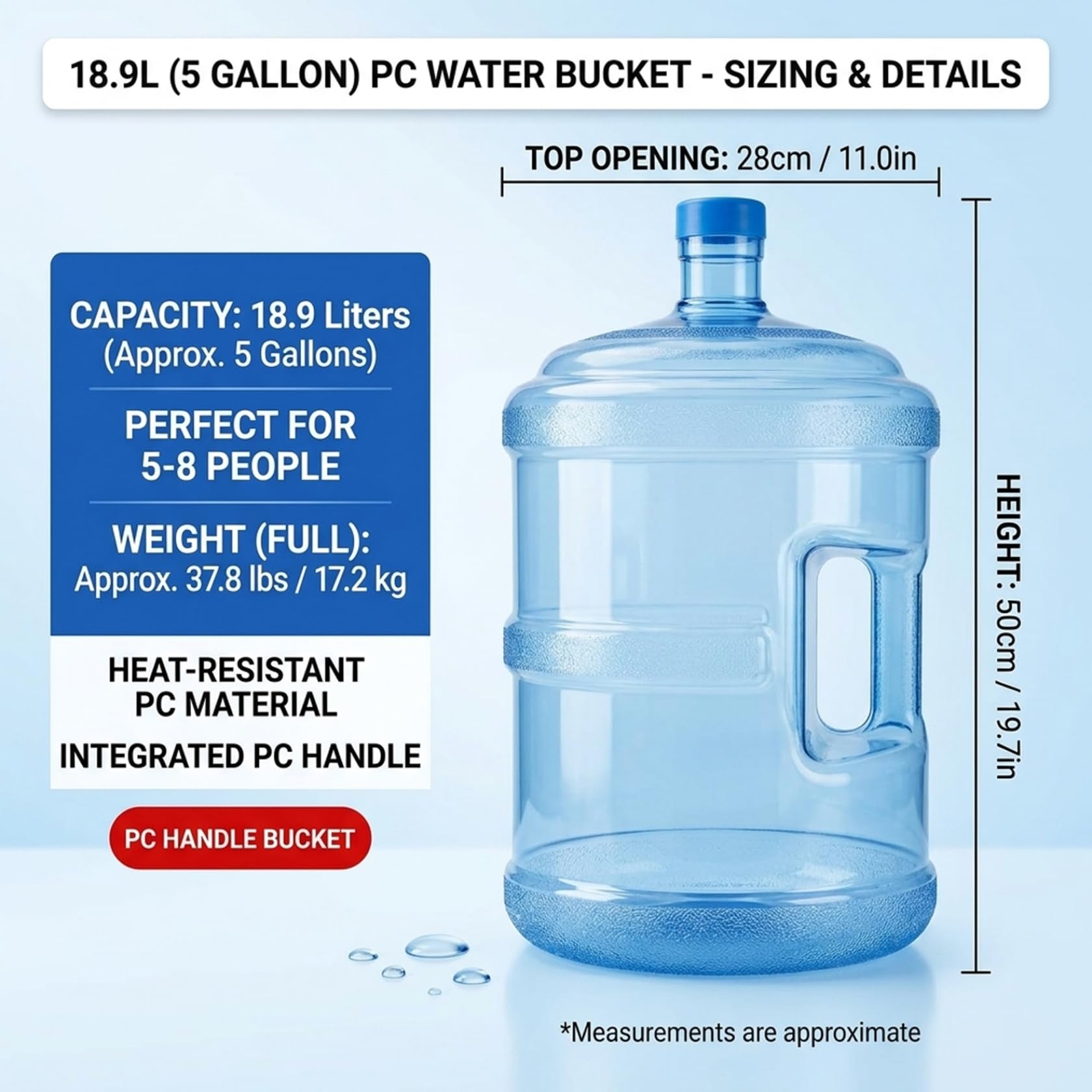 Bouteille d'eau de 5 gallons, récipient d'eau réutilisable avec poignée et bouchon anti-fuite pour la maison et le bureau, carafe de 5 gallons en PC qualité alimentaire - Récipient