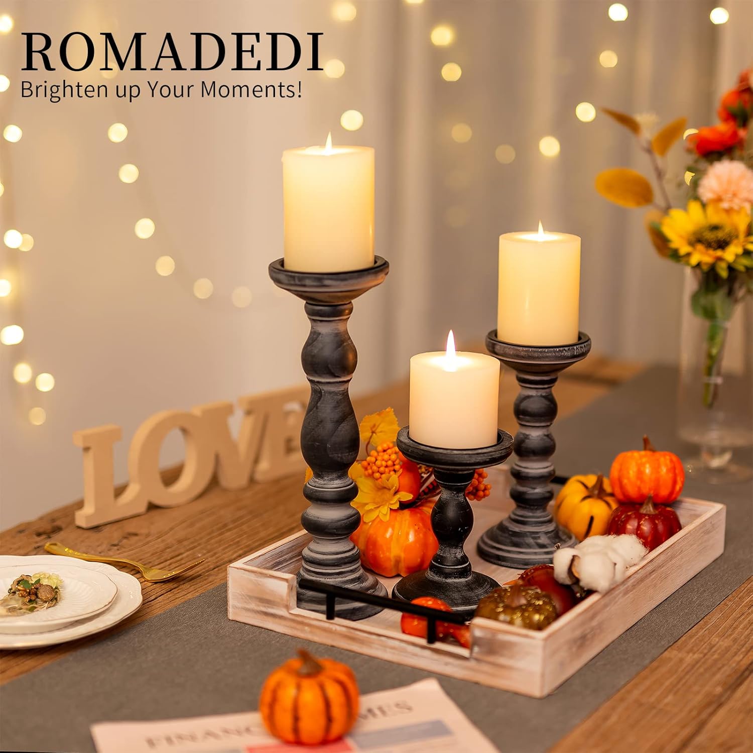 Candle Holder for Pillar Candles: Romadedi Set of 3 Decorative Wood Candlestick Holders, Rustic Wooden Candle Stand for Fireplace Mantle End Table Shelf in Farmhouse Style, Black 6”, 8.3”, 12”
