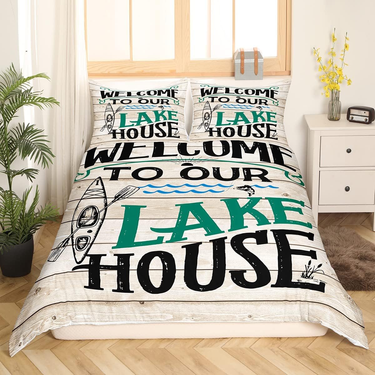 Lake House Kids Duvet Cover Set Twin Size,Retro Wooden Plank Bedding Set,Girls Boys Adults Bedroom/Cabin Decor,Fish Sea View Nautical Comforter Cover,Rustic Farmhouse Quilt Cover,1 Pillowcase