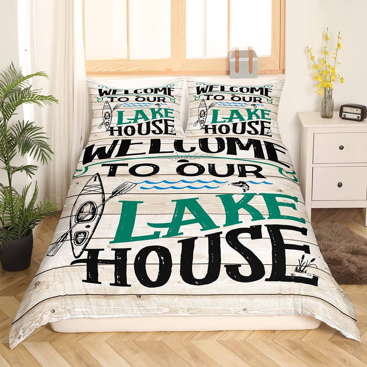 Lake House Kids Duvet Cover Set Twin Size,Retro Wooden Plank Bedding Set,Girls Boys Adults Bedroom/Cabin Decor,Fish Sea View Nautical Comforter Cover,Rustic Farmhouse Quilt Cover,1 Pillowcase