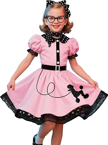 Nuehoryu 50s Costumes for Girls 50s Poodle Dress with Polka-Dot Printed Scarf for Kids Halloween Costume