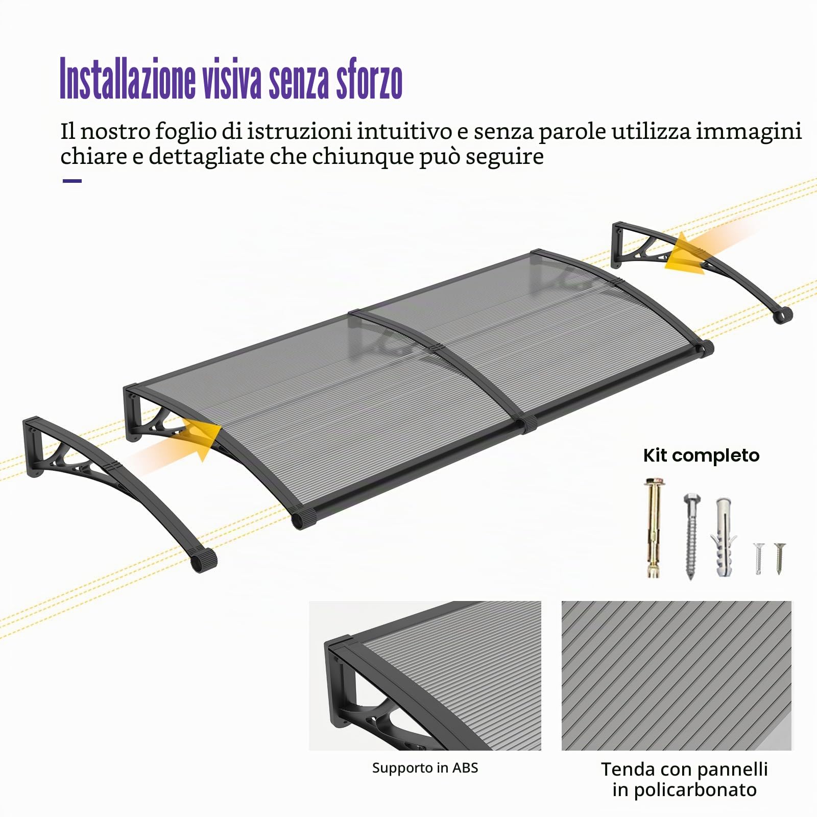 Pensilina da Esterno 100 x 235 cm Policarbonato Tettoia - Groove di Scarico, Protezione UV, Pioggia, Neve e Sole per Patio, Porta e Finestra