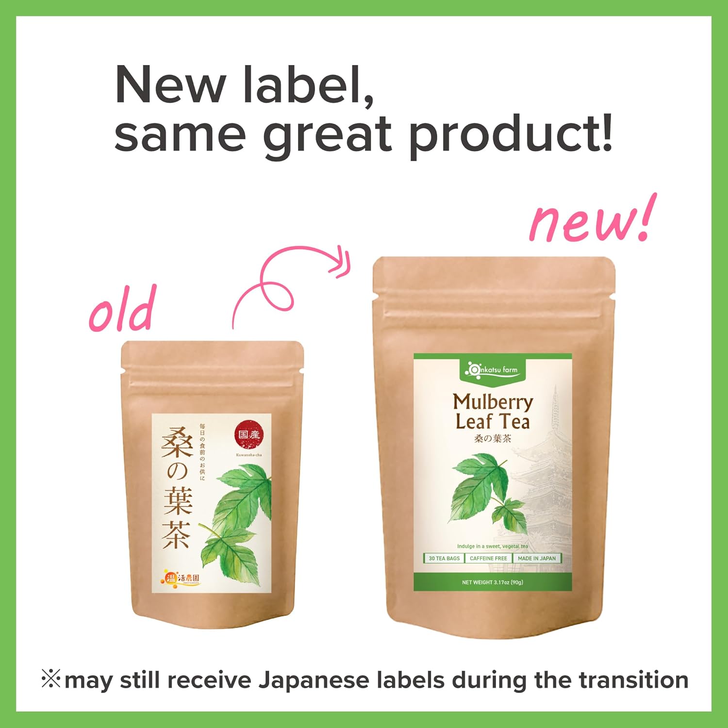 Onkatsu Farm Mulberry Leaf Premium Japanese Tea Bags, Sweet Herbaceous Flavor, Hot or Iced, Caffeine Free, 30 Total Tea Bags
