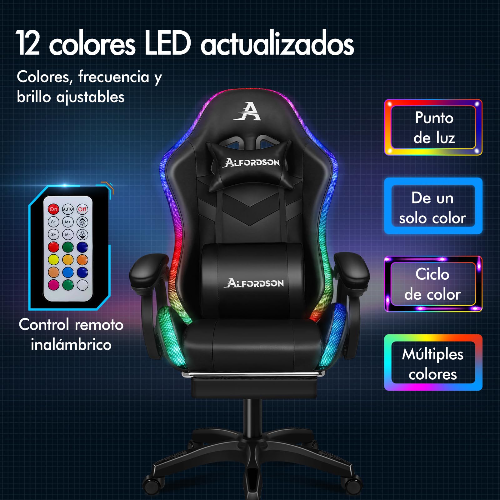 ALFORDSON Silla Gaming con Masaje y LED, Silla Gamer Ergonómica con Cojín Lumbar y Cervical, Reposapiés Telescópico, Iluminación para Ordenador, Videojuego, Juegos, Oficina, Cuero PU(Negra)