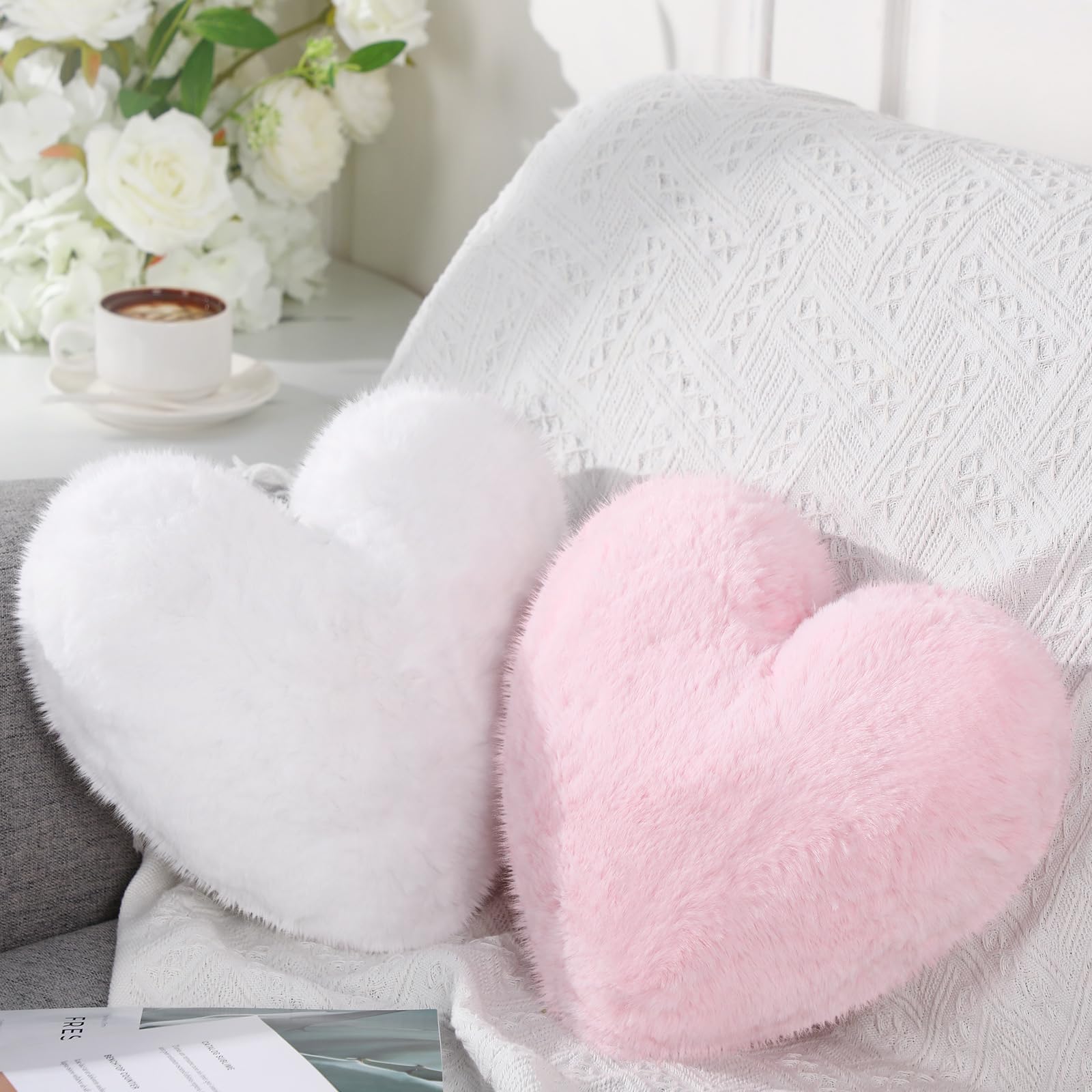 Marsui 2 Pcs Fluffy Heart Shaped Pillow Plush Cute Heart Shaped Throw Cushion Stuffed Decorative Gift Throw Pillow for Couch Bed Sofa Decoration Women(Shrimp Pink, White)