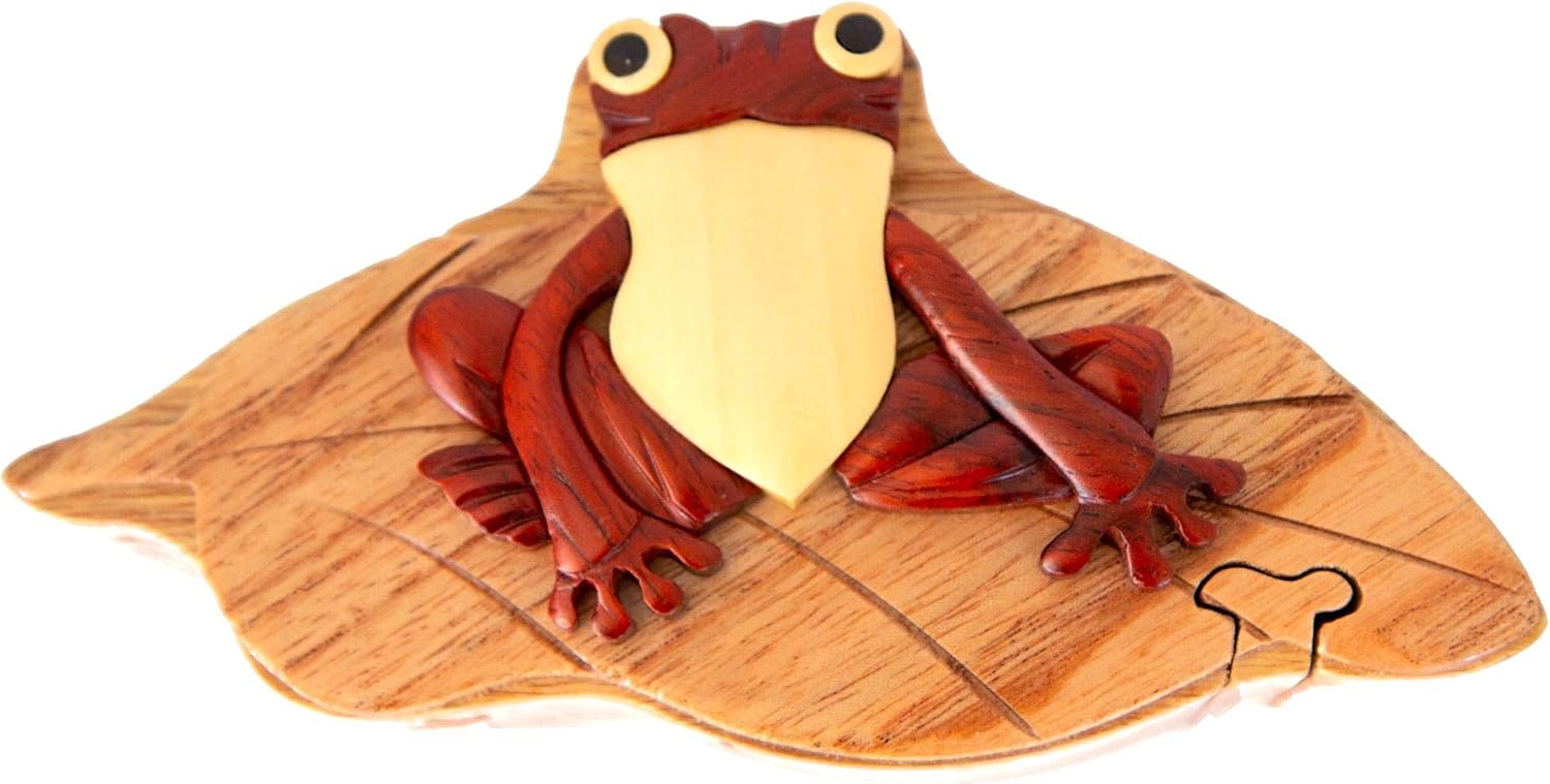 Frog on Lily pad - All Natural Wood Intarsia Puzzle Box - Handcrafted with Secret Compartment