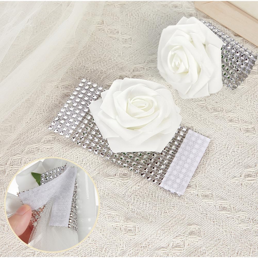 20 Stück Weiß Tüll Stuhlschleifen mit Strass Ring Künstliche Rose Elegante Schleife Kirchenbank Hochzeitsgang Deko Kirche Stuhl-Schärpen für Kirche Bankett Hochzeitsstuhl Gangstuhl Gang