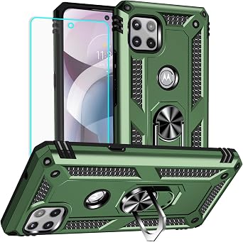 Yiakeng for Motorola One 5g Ace Case Military Grade Protective Case with Screen Protector, Kickstand, Finger Ring Holder - Army Green
