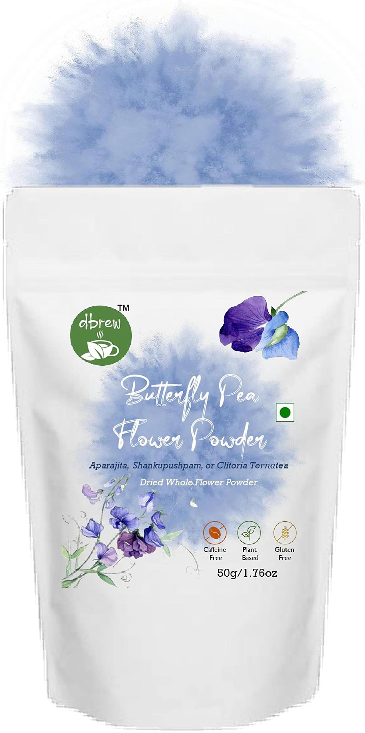 dbrew Blue Matcha 50g | Butterfly Pea Powder | 50G | 100 Cups | Superfood | Blue Latte | Caffeine Free, 50 Gm