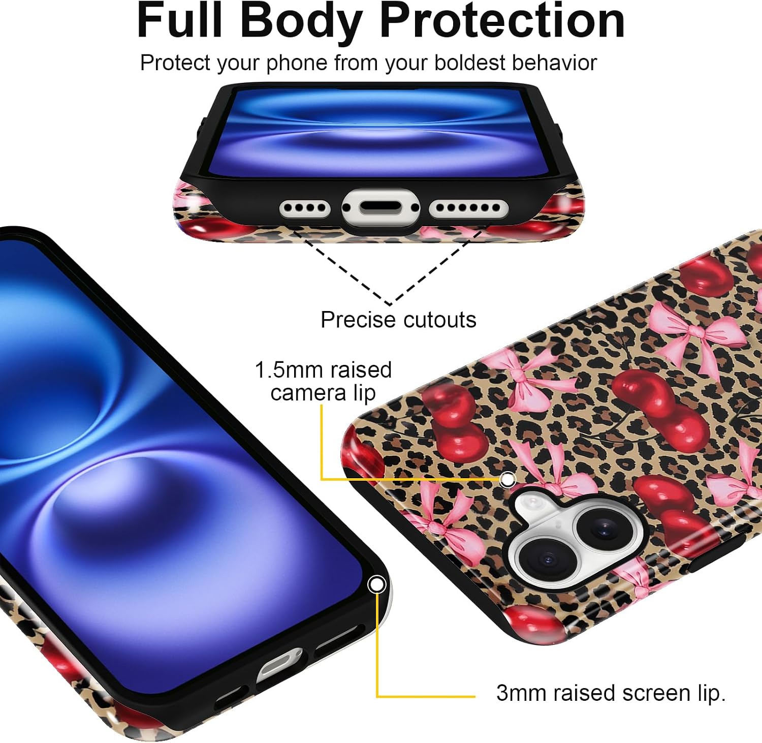Case Compatible with for iPhone 16 6.1'', Cute Cherry Pink Bow Vintage Leopard Pattern Phone Case, Aesthetic Scratch Resistant Cover Shockproof 2 in 1 Silicone + Hard PC Design for Girls Women Men image 3
