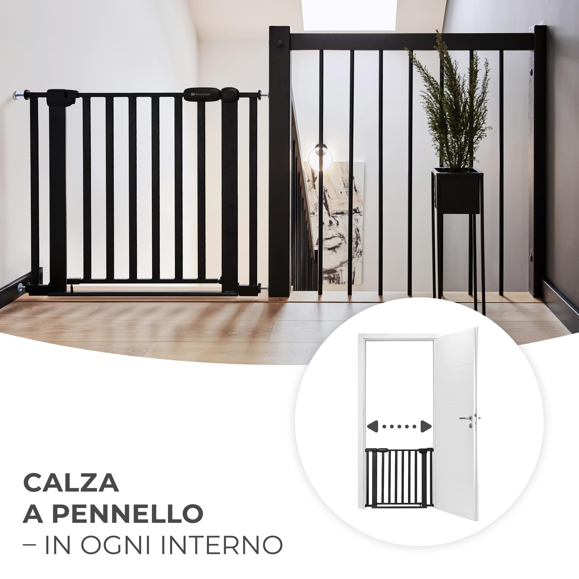Kinderkraft LOCK&GO Cancelletto di sicurezza da 75-103 cm, Chiude automaticamente di 90 gradi, Doppio dispositivo di sicurezza, Previene di inciampare, Nero