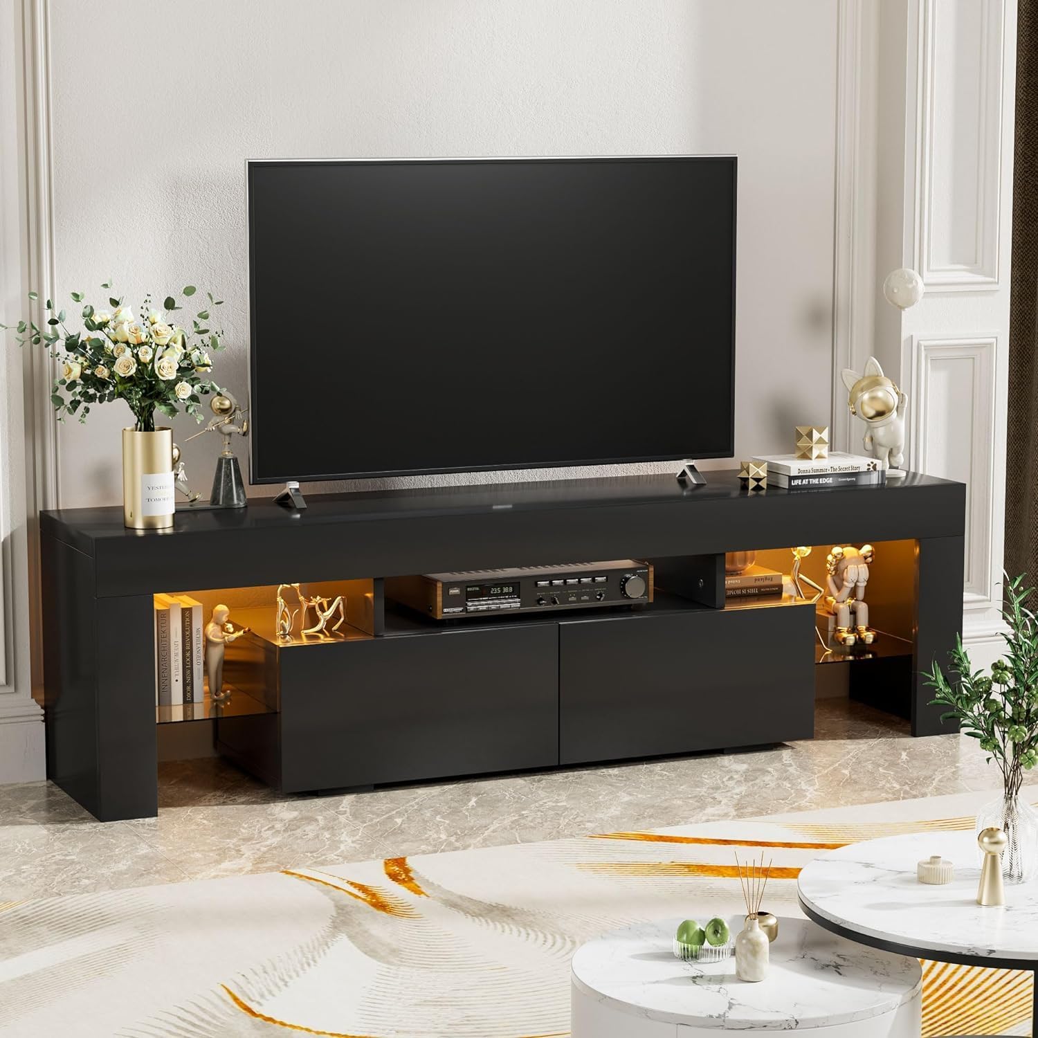 Black 63 Inch Floating TV Stand with Two Drawers & 16-Color LED Lights, Large Modern Entertainment Center for TVs Up to 75 Inches, Wooden Media Console with Open Shelf