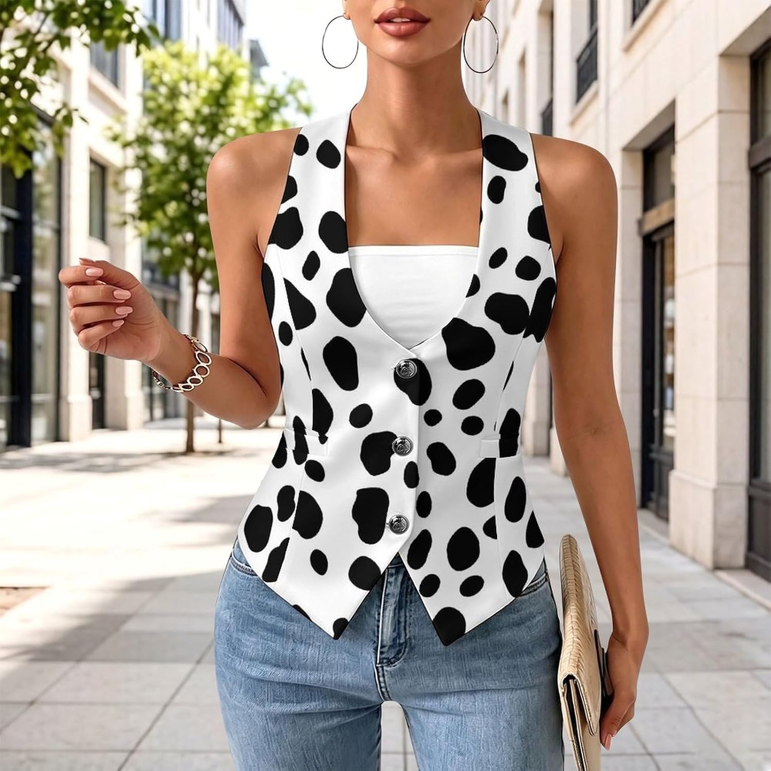 Dalmatian White And Black Pattern Women's Tuxedo Waistcoat Suit Vest | 3 Button V-Neck Slim Fit Casual Sleeveless Top