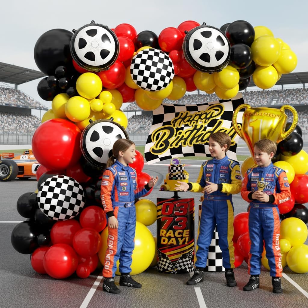 Race Car Balloon Arch Garland Kit, 154pcs Different Size Tire Flags Checkered Black Red Yellow Balloons Arch Kit for Racing Car Two Fast Theme Boy Birthday Anniversary Party Decorations - Image 6