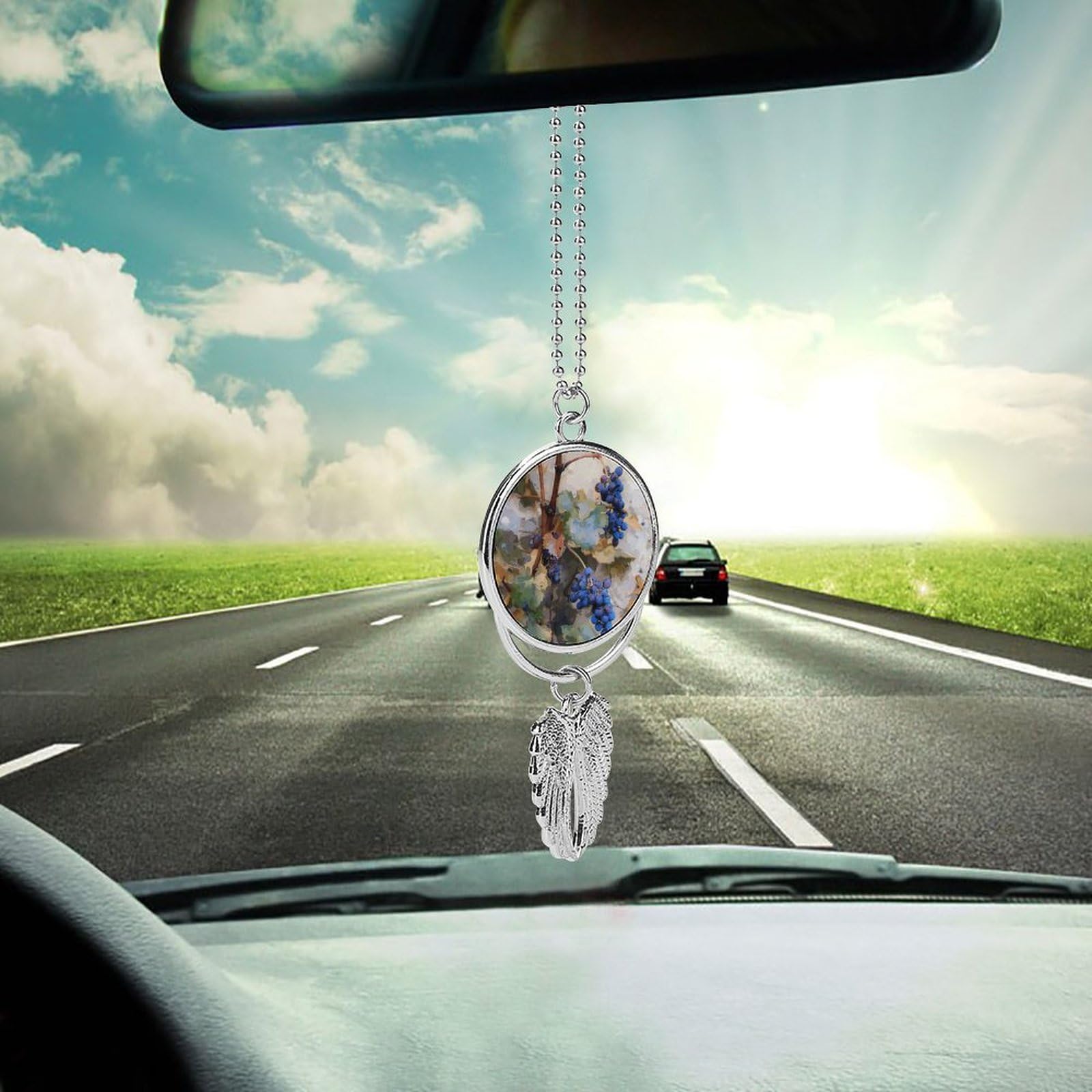 Metal Car Pendant Charms Art Painting of Vines Car Rear View Mirror Charms Angel Wing Auto Rearview Mirror Hanging Interior Ornament Pendant Car Accessories for Women Men Car Interior Decor