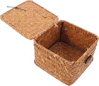 Vaguelly Woven Storage Box with Lid for Efficient Organization Vintage Rattan Organizer Bin with Embroidered Design, Compact Desktop Solution for Living Room and Small Spaces