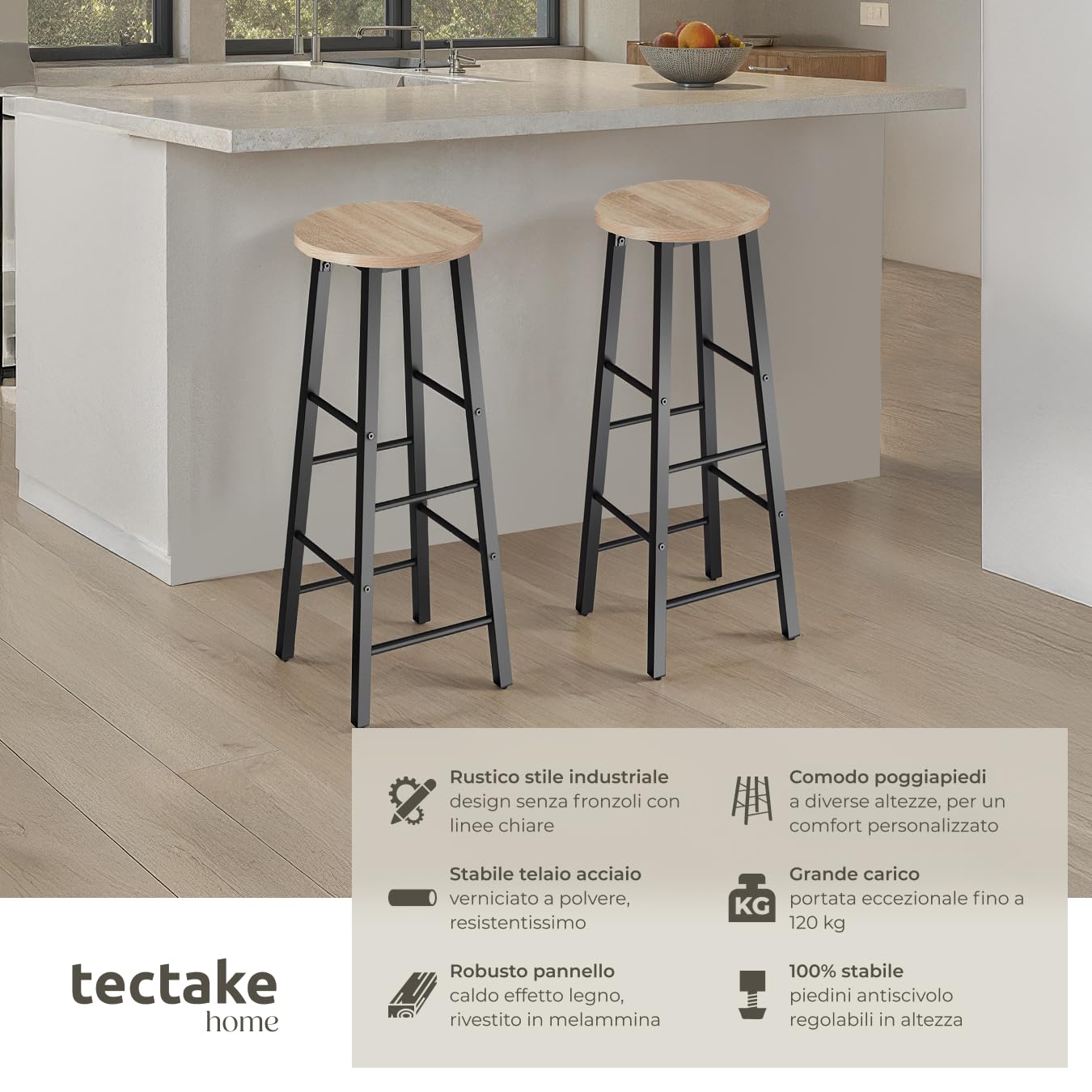 tectake® 2 Sgabelli bar 31x31x72,5cm, Sgabelli cucina stile industriale, Sedie bar con poggiapiedi effetto legno, Arredo Cucina, Sala da pranzo, Ufficio, Hotel, Penisola, Bancone - Legno Chiaro