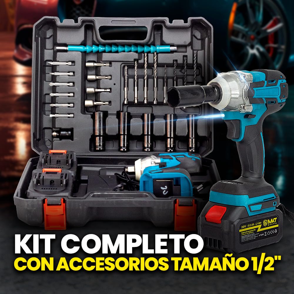 MAKTUL Pistola de Impacto Potente a Batería 1/2'' Torque, 2 Baterías 4000mAh 20V 300Nm, Taladro Atornillador Destornillador Eléctrico Inalámbrico con Accesorios para Coche Bicicleta