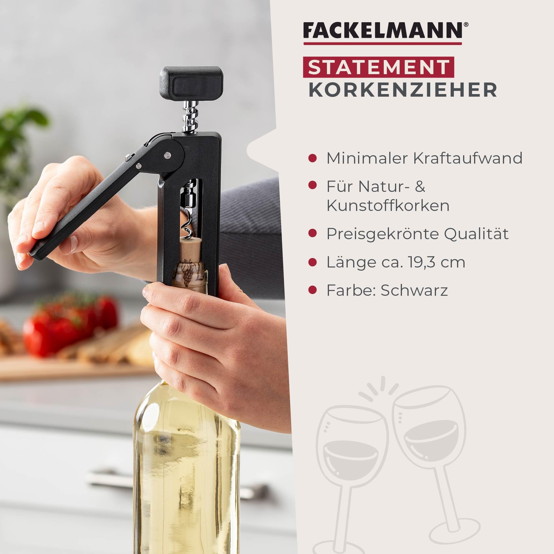 Fackelmann Korkenzieher, 193mm, Ergonomischer Griff, Innovativer Mechanismus, Geeignet für Natur- und Kunststoffkorken, Shadow Black