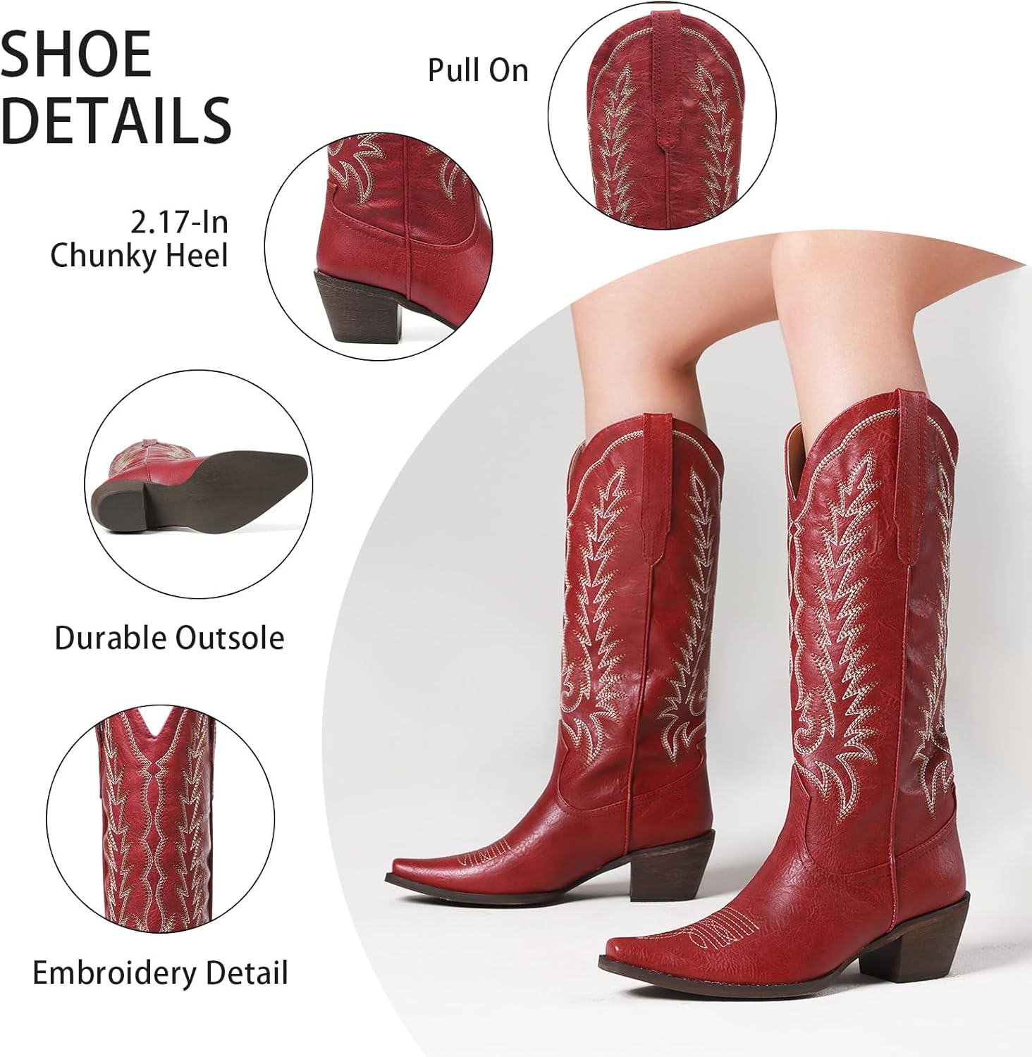 Tscoyuki Cowboy Boots for Women: Embroidered Western Knee High Boots Women - Pointed Toe Chunky Heel Cowgirl Tall Boots