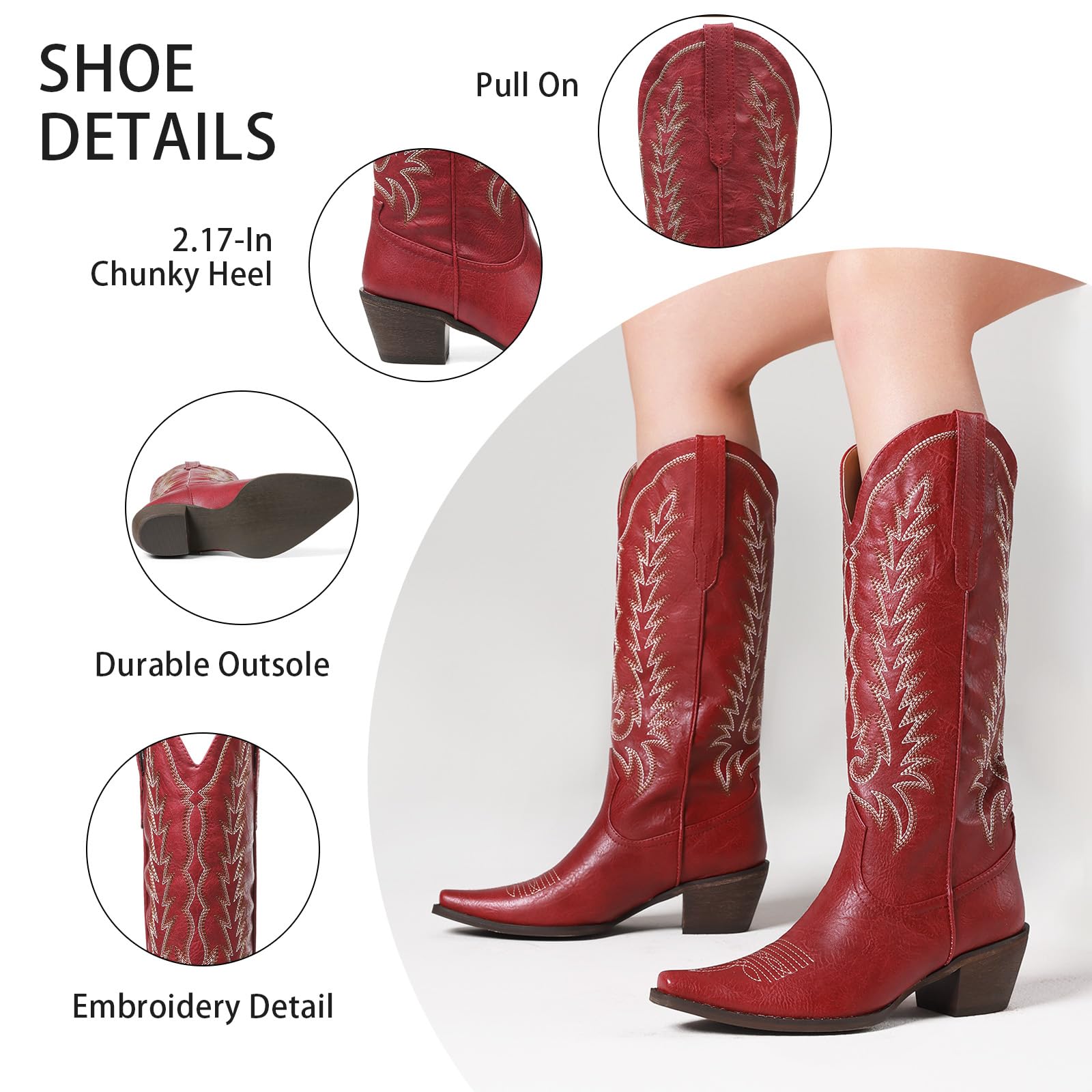 Tscoyuki Botas vaqueras para mujer: botas altas bordadas occidentales hasta la rodilla para mujer, punta puntiaguda, tacón grueso, botas altas
