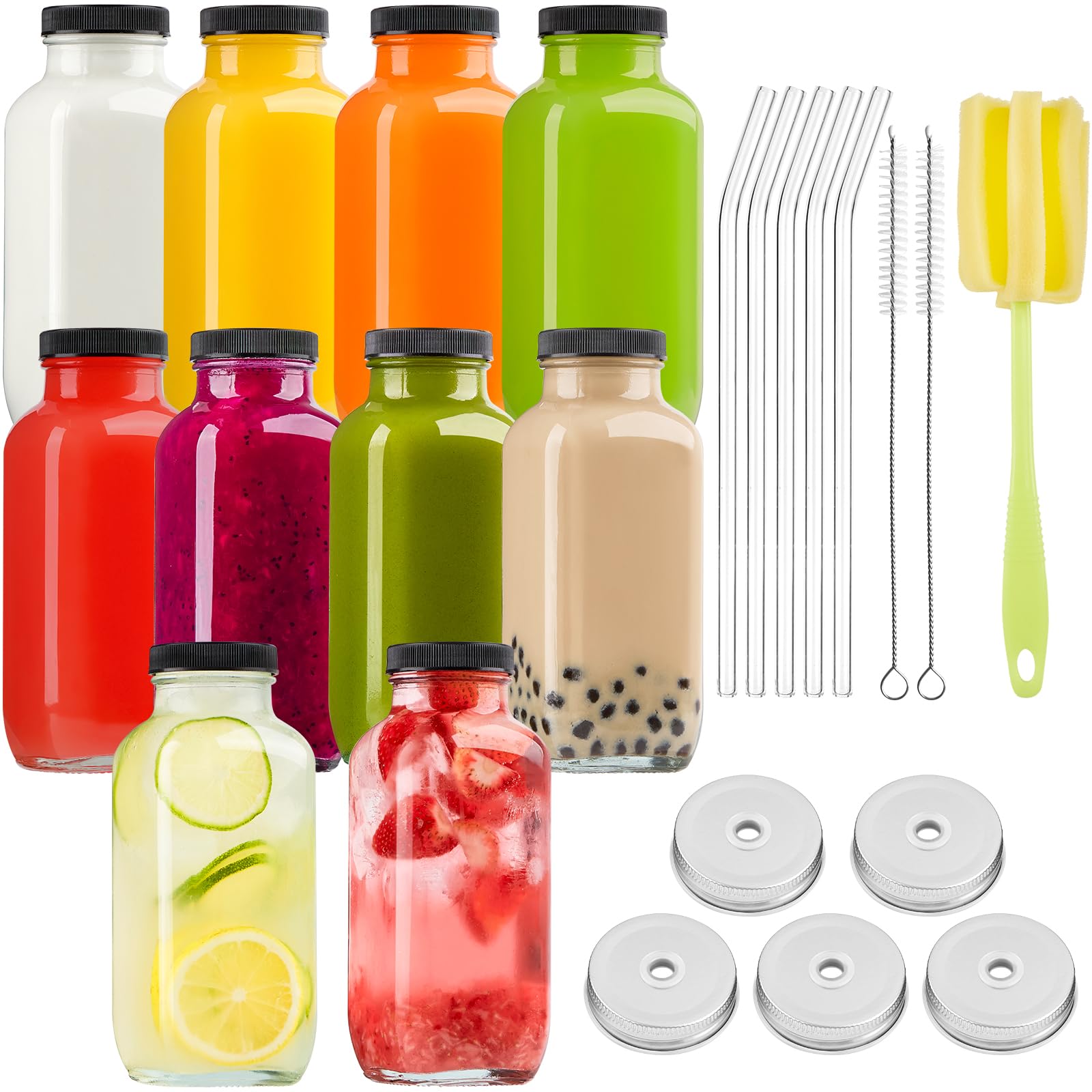 Kucoele 16oz Glass Juice Bottles with Lids, 10 Pack Reusable Smoothie Cups Water Bottles Drinking Jars with Glass Straws, Brush, Lids with Hole