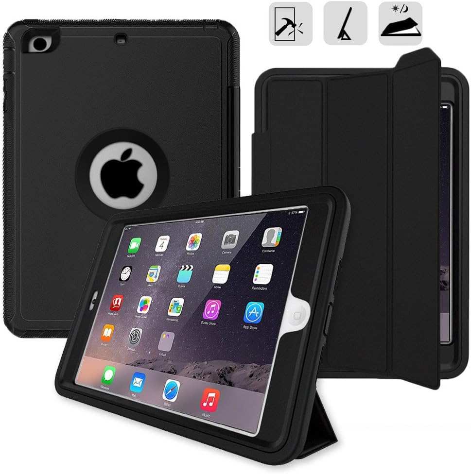 iPad Mini Cover Case Heavy Duty Full Body Protective Smart Case Stand for Apple iPad Mini 1/2/3 with Auto Sleep/Wake Function - Black