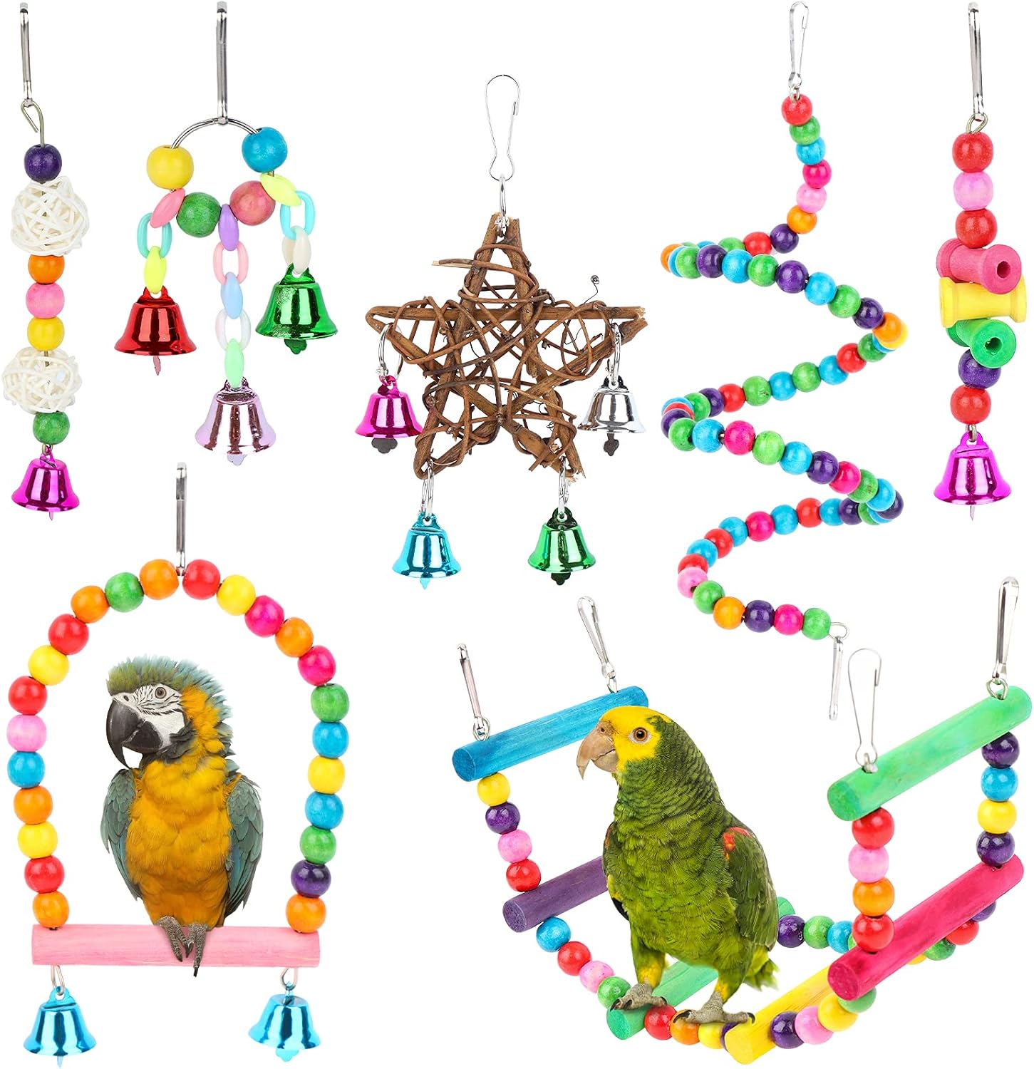 JiaUfmi 7 Pieces Bird Toy Parrot Toys, Bird Cage Toys Swing Chewing Hanging Toys Set Swing Climbing Ladders Sepak Takraw Bells for…