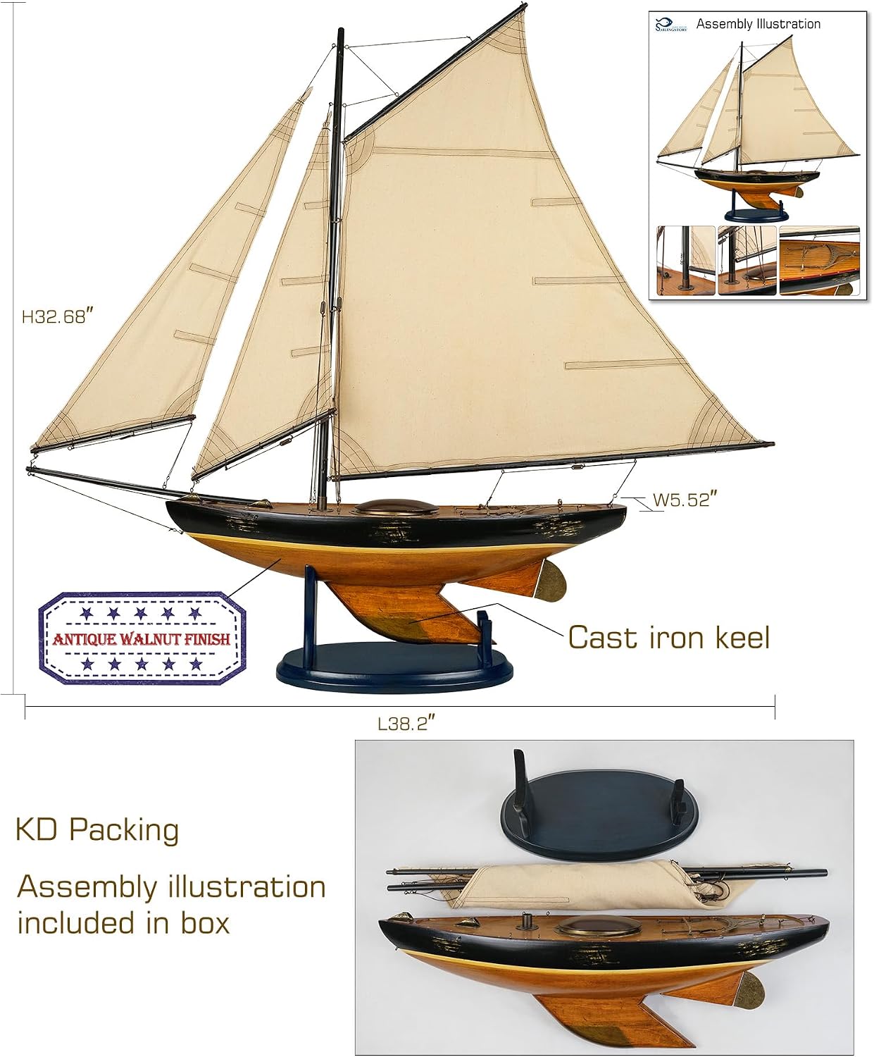 SAILINGSTORY Wooden Sailboat Decor Bermuda Sloop Model Ship Black Natural