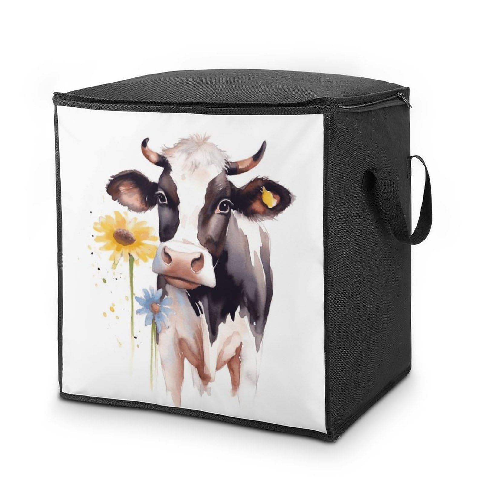 Watercolor Cow And Daisy Flower Storage Bag with Zippers And Handle Extra Large Bedding Comforter Storage Bag Foldable Blanket Storage Bags Fabric Moving Bags for Closet Organizer (70L)