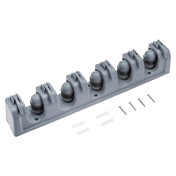 Amazon Basics Rectangulaire Support mural pour balais et outils de jardin organisateur de fournitures de nettoyage pour buanderie, cuisine abri de jardin et garage 6 crochets et 5 emplacements gris - 4