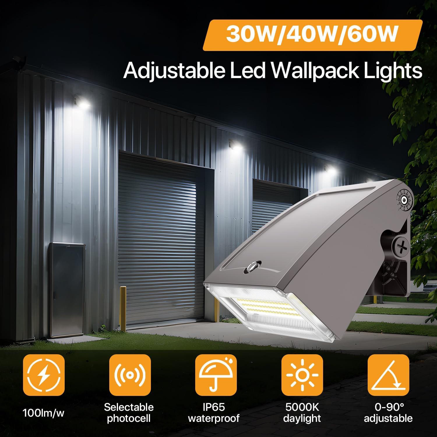 Adjustable LED Wall Pack Light with Dusk to Dawn Photocell 30W/40W/60W Selectable, 5000K Daylight, 100LM/W, 6000LM, IP65 Waterproof Outdoor Security Light for Garage, Building, Yard 2Pack