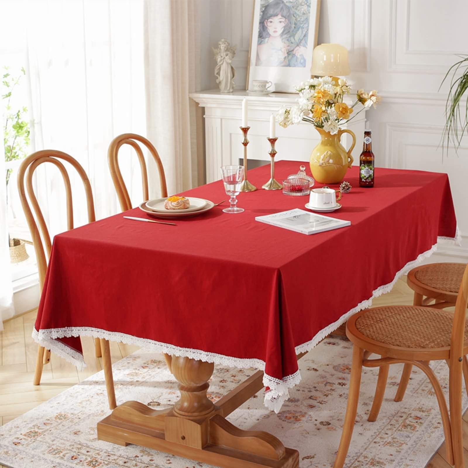 Tischdecke Spitze Vintage, Baumwolle Einfarbig mit Spitzensaum Tischtuch Fleckenschutz, Rot, 140 x 180 cm